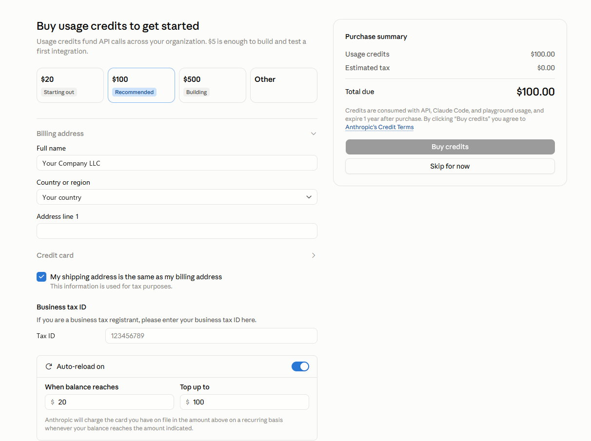 Screen offering to buy usage credits, with a Skip for now button