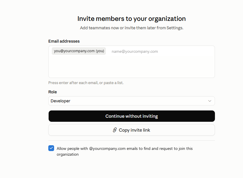Invite members screen with a Continue without inviting button