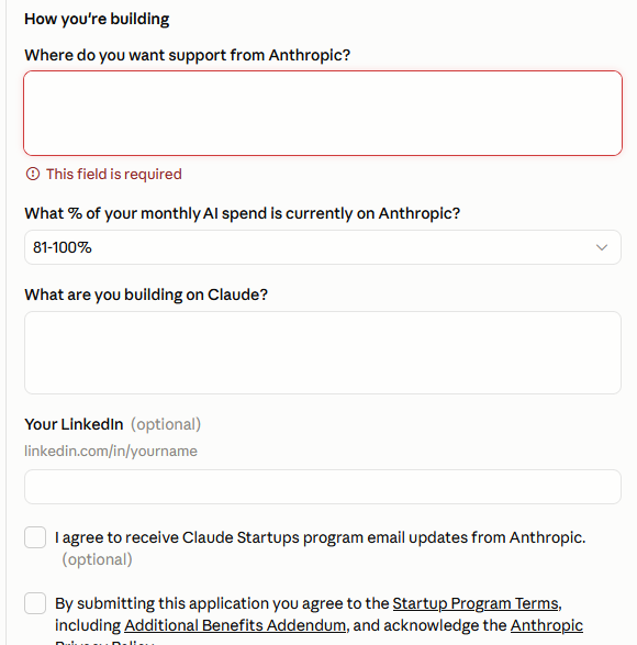 Bottom of the application form with the support and building questions and the terms checkbox