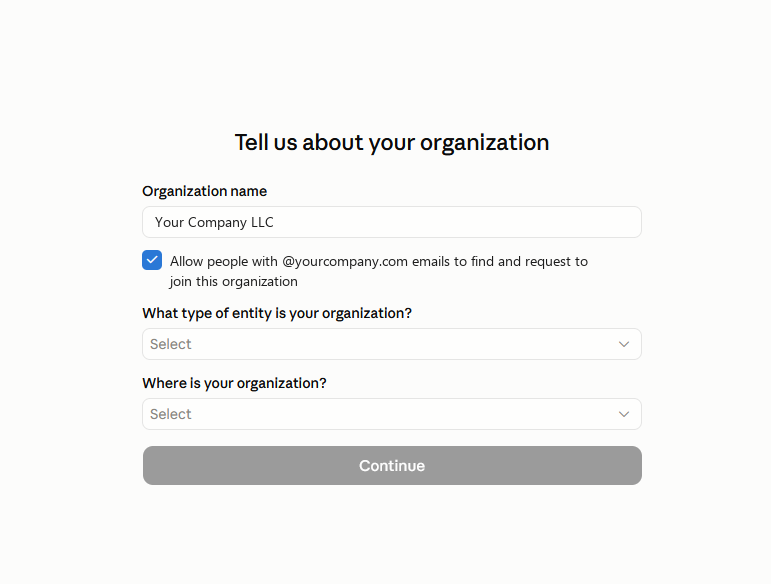 Organization details form with name, entity type and location