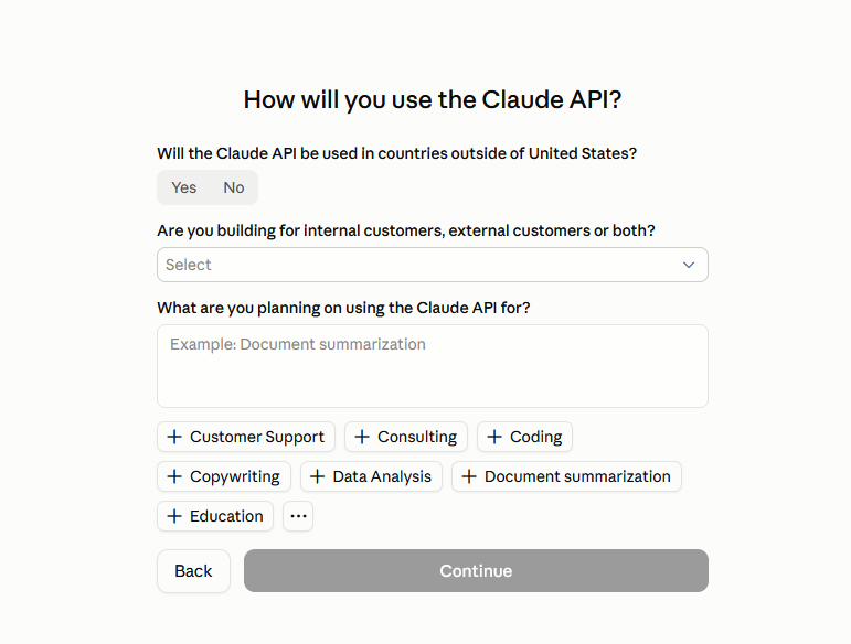 Form asking where and how you will use the Claude API